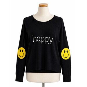 HipChik Couture Happy Knit Top Sweater Size Small Black Smiley Face Smile